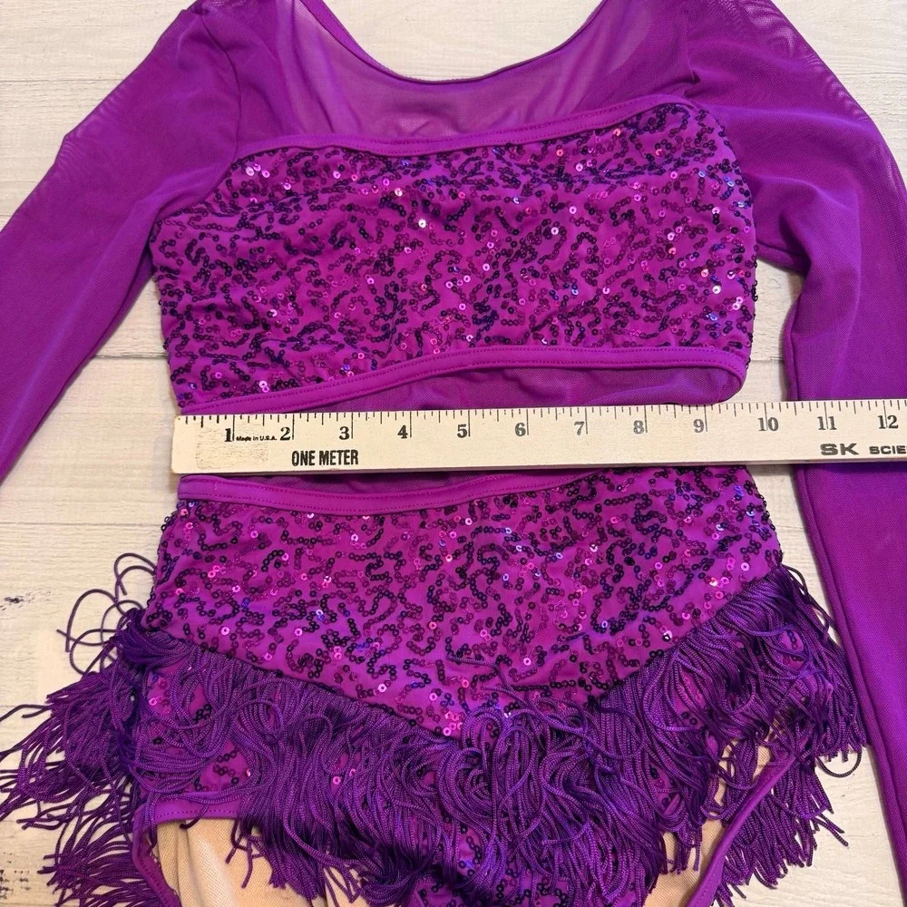 Weismann‎ girls long sleeve dance costume purple sequins tassel medium child